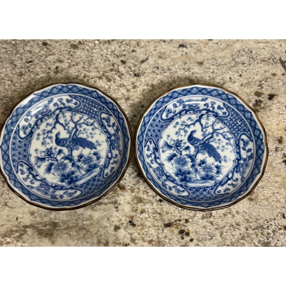 Vintage Japanese Blue and White Peacock Porcelain Small Plates Set of 2 4.75in - Picture 2 of 4